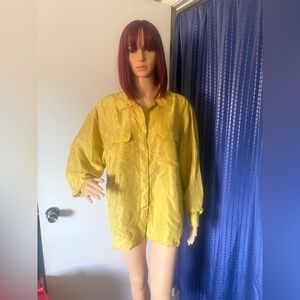 Yessica C&A 100% Silk Blouse Shirt 38 Yellow Long Sleeve Pockets Vintage Germany